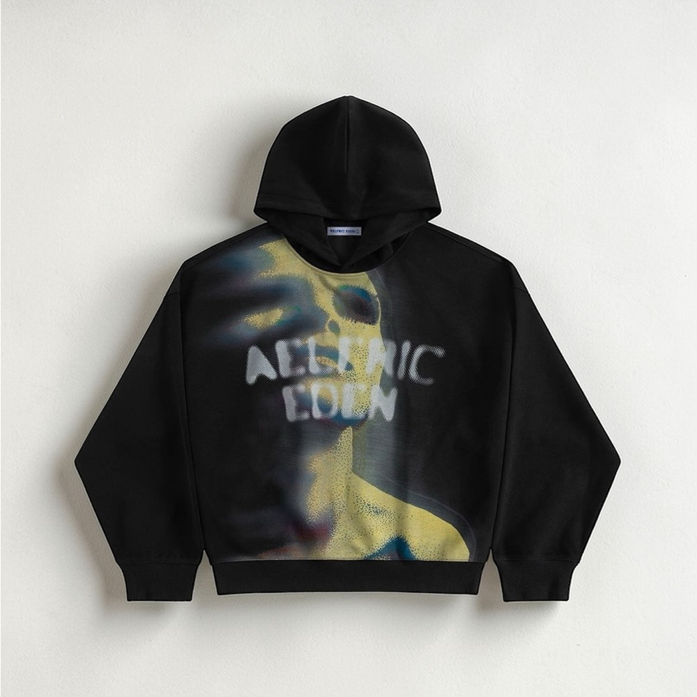 Aelfric Eden Oversized Thermal Human Face Graphic Print Pullover Hoodie